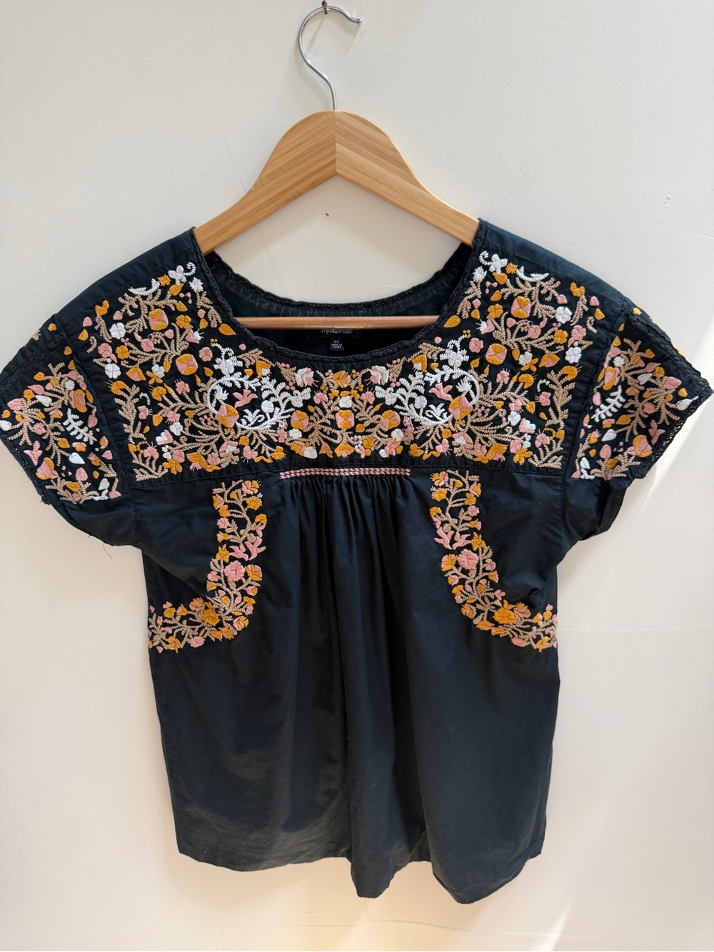 Madewell Black Embroidered Peasant Blouse with Pink & Mustard Floral